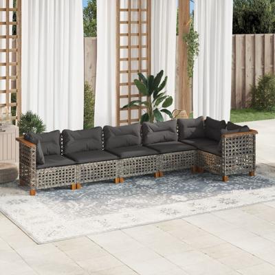 6-delige Loungeset met kussens poly rattan grijs