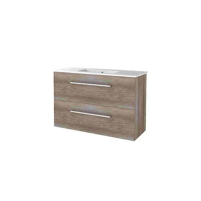 Basic-Line Start 39 Badkamermeubelset - Ondiep - 100 x 39 cm - Met Grepen - 2 Lades - Keramische Wastafel - 1 Kraangat - Scotch Oak