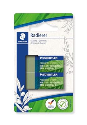 Staedtler gum Eco, olijfgroen, ft 43 x 19 x 13 mm, blister van 2 stuks Staedtler gum Eco, olijfgroen, ft 43 x 19 x 13 mm, blister van 2 stuks