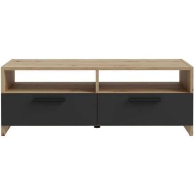 PILVI TV-meubel - Eigentijdse stijl - Eiken en Zwart decor - 2 kleppen + 2 nissen - L 95 x D 36 x H 34,5 cm PILVI TV-meubel - Eigentijdse stijl - Eiken en Zwart decor - 2 kleppen + 2 nissen - L 95 x D 36 x H 34,5 cm