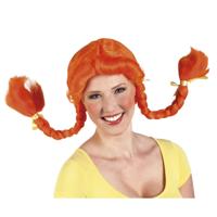 Boland Pruik met oranje vlechten en strik - thumbnail