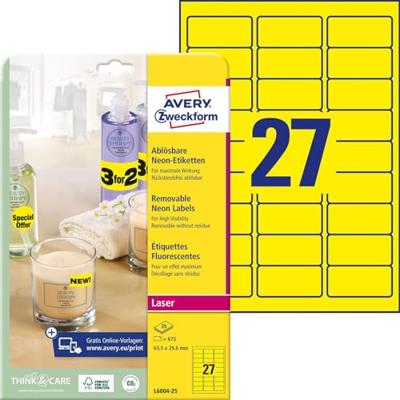 Avery afneembare neon etiketten ft 63,5 x 29,6 mm (b x h), doos van 675 stuks (25 vel van 27), neongeel Avery afneembare neon etiketten ft 63,5 x 29,6 mm (b x h), doos van 675 stuks (25 vel van 27), neongeel