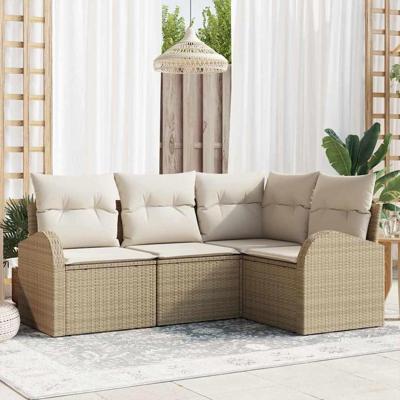 Tuinbankenset met kussen 4 pcs Beige en Wit poly rattan