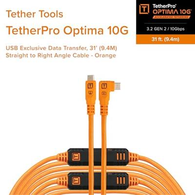 Tether Tools TetherPro Optima 10G USB-C, 31' (9.4m), straight to right orange