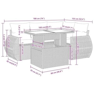 5-delige Loungeset met kussens poly rattan zwart