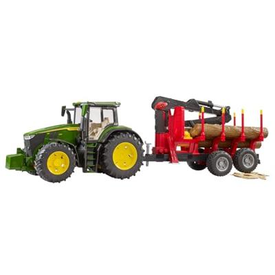 bruder John Deere 7R 350 met aanhanger en 4 boomstammen modelvoertuig - thumbnail