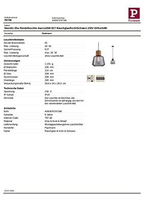 Paulmann Elia 79739 Hanglamp LED E27 20 W Kurk, Rook, Zwart Paulmann Elia 79739 Hanglamp LED E27 20 W Kurk, Rook, Zwart