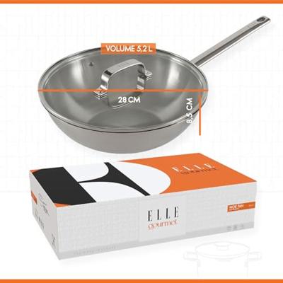 ELLE Gourmet Moderne Wokpan met Deksel - Ø 28 cm - Zonder anti-aanbaklaag - RVS