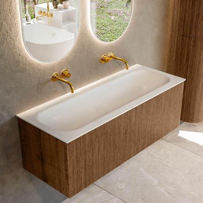 Mondiaz KURVE 120 cm Onderkast Greeploos 1 Lade Zonder Deuren Walnut, Wastafel Solid Surface Volledig Talc 0 Kraangaten Zonder Spiegel (KRVBGL1201L0D0KM-Wal/Tal)