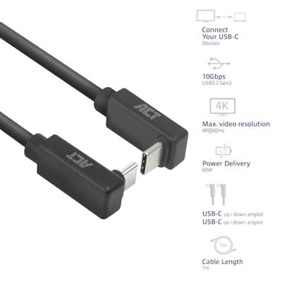ACT AC7477 USB 3.0 Kabel | 10Gbps 60W USB Type-C® (haaks boven/beneden) naar USB Type-C® (haaks boven/beneden) | Zwart | 1 meter