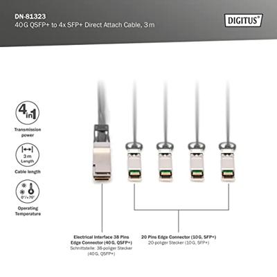 DIGITUS Universele 40 Gbit/s QSFP+ naar 4x SFP+ 10 Gbit/s DAC-Breakout Kabel - 3m - 10 Gbit/s per kanaal - Netwerkkabel - Direct Attach Cable - Direct Attach Copper
