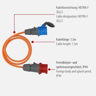 Brennenstuhl Camping/maritieme adapterkabel IP44 1,5m oranje H07RN-F 3G2.5 CEE-stekker 400V/16A, CEE-koppeling 23 - 1132970025