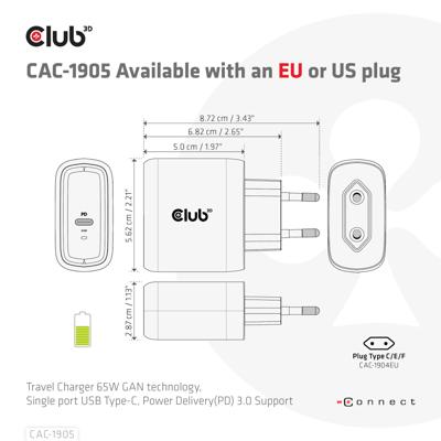 club3D CAC-1905 Laptop netvoeding 65 W 1x USB-C Zwart Binnen GaN club3D CAC-1905 Laptop netvoeding 65 W 1x USB-C Zwart Binnen GaN