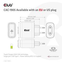 club3D CAC-1905 Laptop netvoeding 65 W 1x USB-C Zwart Binnen GaN - thumbnail