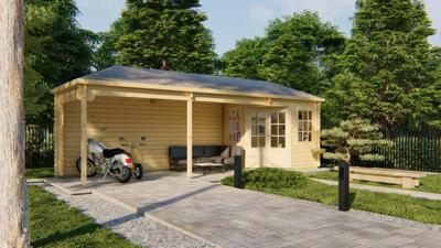 Tuindeco Gretel Blokhut 250x250 cm + overkapping 550 cm 44 mm vuren blank- Puntdak- Onbehandeld vurenhout- Tuindeco