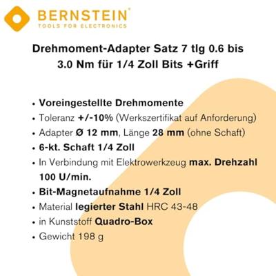 Bernstein Tools for Electronics 4-980-G Draaimomentadapterset 1/4 (6.3 mm) 0.6 - 3.0 Nm Bernstein Tools for Electronics 4-980-G Draaimomentadapterset 1/4 (6.3 mm) 0.6 - 3.0 Nm