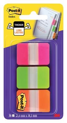 Post-it Index Strong, ft 25,4 x 38 mm, set van 3 kleuren (roze, groen en oranje), 12 tabs per kleur