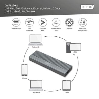 Digitus DA-71120-1 M.2 SSD-behuizing USB-C 3.1 Gen 2 10 GBit/s M.2 PCIe NVMe 2230, 2242, 2260, 2280 DA-71120-1 Digitus DA-71120-1 M.2 SSD-behuizing USB-C 3.1 Gen 2 10 GBit/s M.2 PCIe NVMe 2230, 2242, 2260, 2280 DA-71120-1