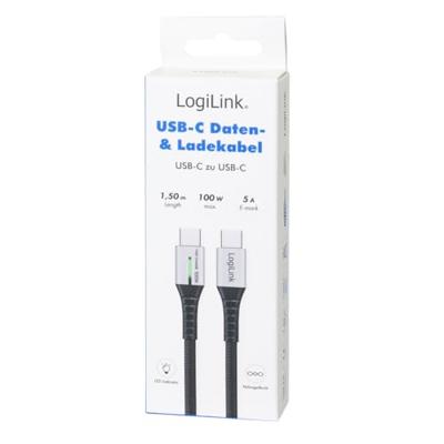 LogiLink CU0423 USB-C-kabel USB 2.0 USB-C stekker 1.50 m Zwart Met LED, Stekker past op beide manieren