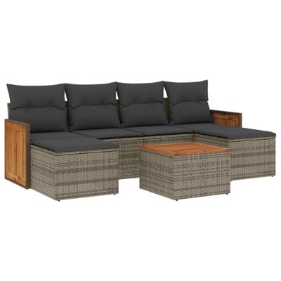 7-delige Loungeset met kussens poly rattan grijs - thumbnail