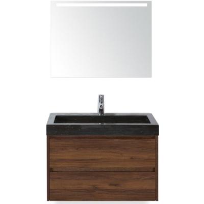 Dante Badmeubelset 80 cm - Walnoot - Wastafel Hardsteen Wit Lucca met Sence Spiegel