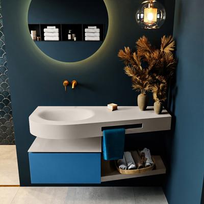 MONDIAZ RIVA 120cm badmeubel onderkast / planchet kleur Jeans met 1 lade. Wastafel DULCET links 0 kraangaten kleur Linen.