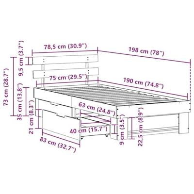 Bedframe met lade met hoofdeinde met opslag Bruin 75 x 190 cm Massief grenenhout Bedframe met lade met hoofdeinde met opslag Bruin 75 x 190 cm Massief grenenhout