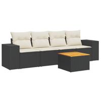 5-delige Loungeset met kussens poly rattan zwart - thumbnail