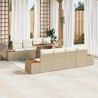 9-delige tuinset met kussens in beige poly rattan