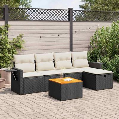 6-delige Loungeset met kussens poly rattan zwart
