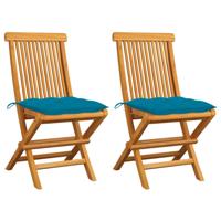 Tuinstoelen 2 st met lichtblauwe kussens massief teakhout - thumbnail