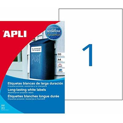 Apli weerbestendige etiketten ft 210 x 297 mm (b x h), 20 stuks, 1 per blad, doos van 20 blad Apli weerbestendige etiketten ft 210 x 297 mm (b x h), 20 stuks, 1 per blad, doos van 20 blad