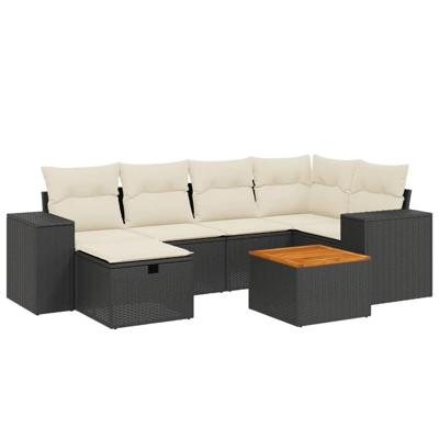 7-delige Loungeset met kussens poly rattan zwart