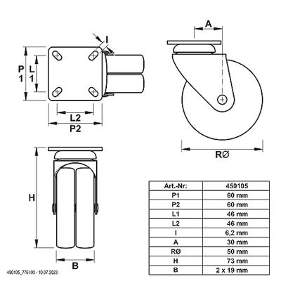 dörner + helmer Dubbel zwenkwiel Wieldiameter: 50 mm Draagvermogen (max.): 80 kg 4 stuk(s)