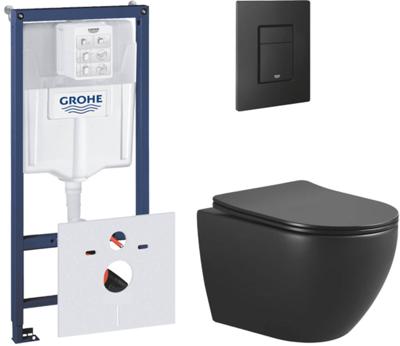 Saqu Please randloos hangtoilet mat zwart met Grohe Rapid SL inbouwreservoir met bevestiging en isolatie mat