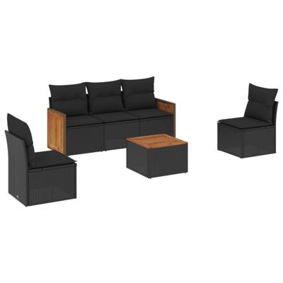 5-delige Loungeset met kussens poly rattan zwart - thumbnail