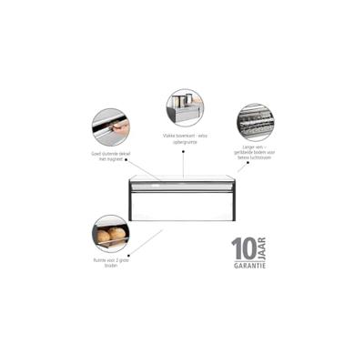 Brabantia Fall Front Broodtrommel – grote opbergdoos voor brood, bagels, broodjes, ruimtebesparend design met platte bovenkant – briljant staal