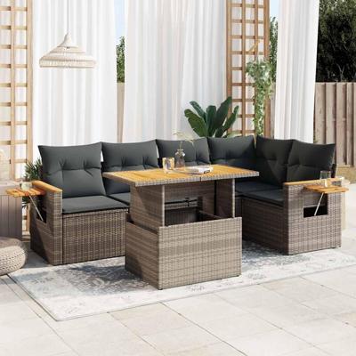 6-delige Loungeset met kussens poly rattan acacia grijs