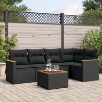 6-delige Loungeset met kussens poly rattan zwart - thumbnail