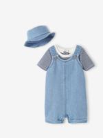 Geboorteset: korte salopette, body en muts baby's gebleekt denim - thumbnail