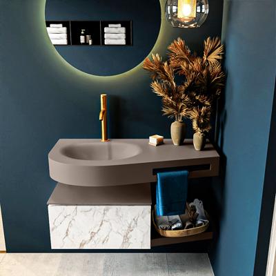 MONDIAZ RIVA 100cm badmeubel onderkast / planchet kleur carrara met 1 lade. Wastafel DULCET links 1 kraangat kleur Smoke.