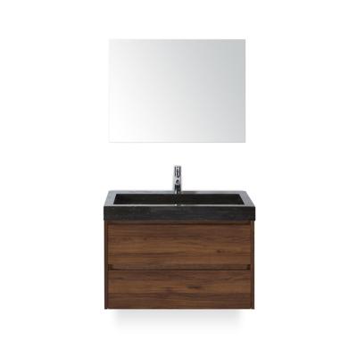 Dante Badmeubelset 80 cm - Walnoot - Wastafel Hardsteen Wit Lucca - met Spiegel