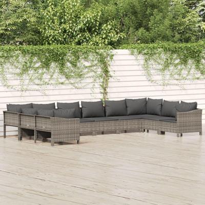 10-delige Loungeset met kussens poly rattan grijs