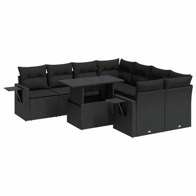 9-delige Loungeset met kussens poly rattan zwart