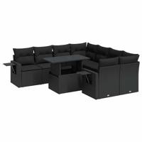 9-delige Loungeset met kussens poly rattan zwart - thumbnail