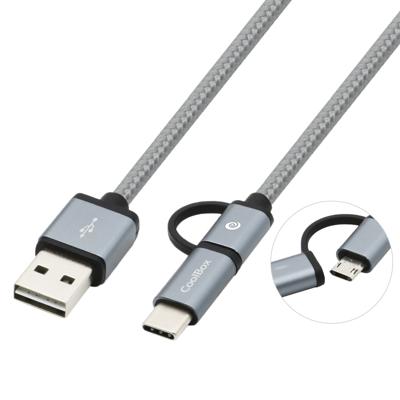 CoolBox COO-CAB-U2MC-GR 2-in-1 Micro-USB-C-kabel, gevlochten, robuust, omkeerbaar, grijs