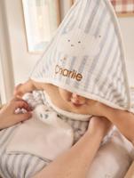 Personaliseerbare badcape + washandje IN DE WOLKEN blauw, gestreept - thumbnail