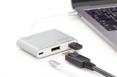 Digitus DisplayPort / USB Adapter [1x USB-C 2.0 stekker - 1x DisplayPort bus, USB 2.0 bus A, USB-C bus] Aluminium, Zilver