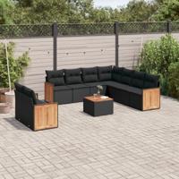 10-delige Loungeset met kussens poly rattan zwart - thumbnail