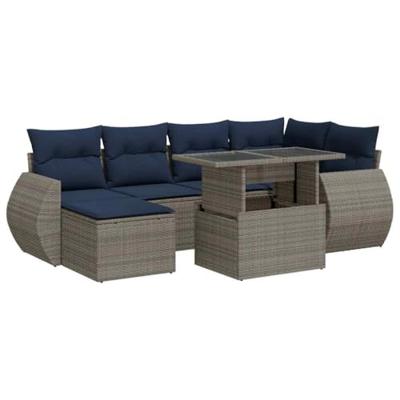 7-delige Loungeset met kussens poly rattan acacia grijs